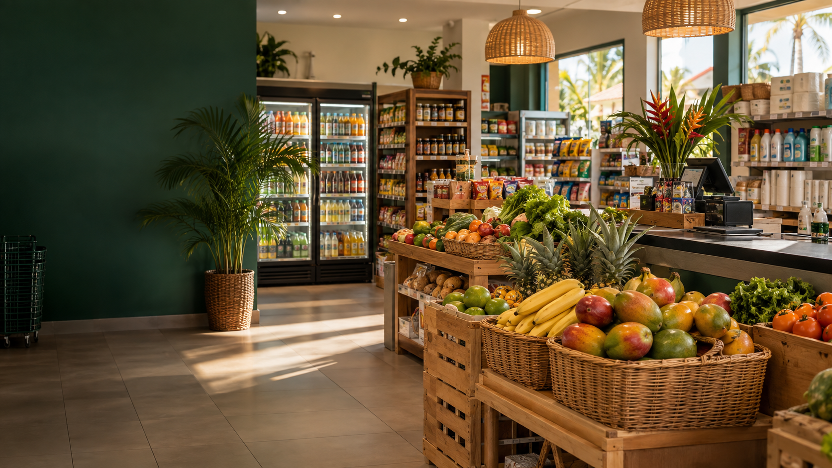 Fresh produce and everyday goods displayed inside a neighborhood mini market